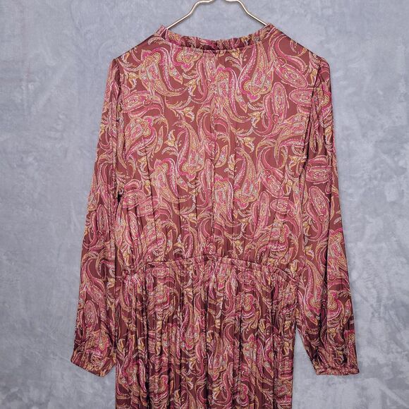 LANE BRYANT Brown Paisley Midi Dress Size 18 Long Sleeve Ruffle Neck Silky Boho - Picture 7 of 12